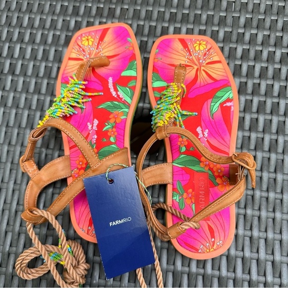 Farm Rio | NWT Size 7 Floral Pierre Beaded Flat Sandals - Picture 3 of 16